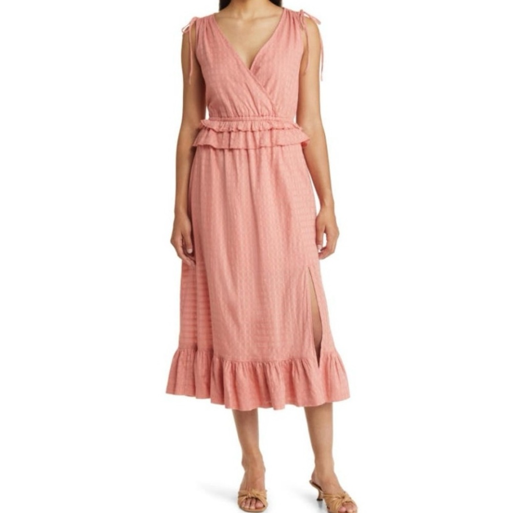 New Caslon Tie Strap Faux Wrap Ruffle Slit Dobby Dress Pink Desert Size Small